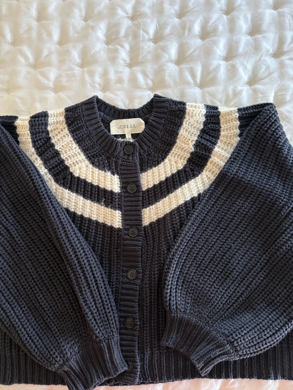 THE GREAT. Navy and Cream Striped Yoke Button Cardigan
